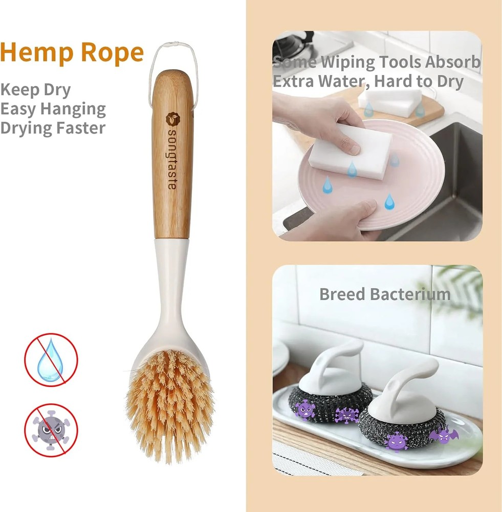 2 Pack Kitchen Dish Brush Bamboo Handle Dish Scrubber Built-in Scraper, Scrub
