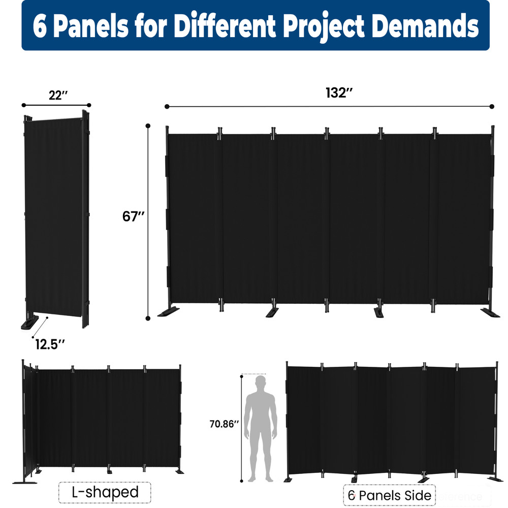 Black 6 Panel Room Divider Privacy Screen Portable Folding Partition for Office