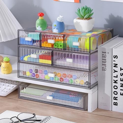 3 Tier Stackable Desk Organizer with 6 Drawers, Plastic Desktop Storage Clear
