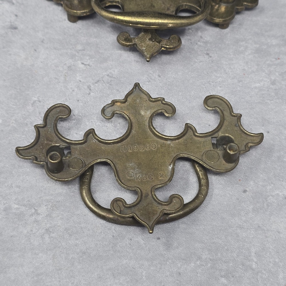 2 KBC Brass Drawer Handles Pulls Chippendale Bar Hanging Batwing (3" Centers)