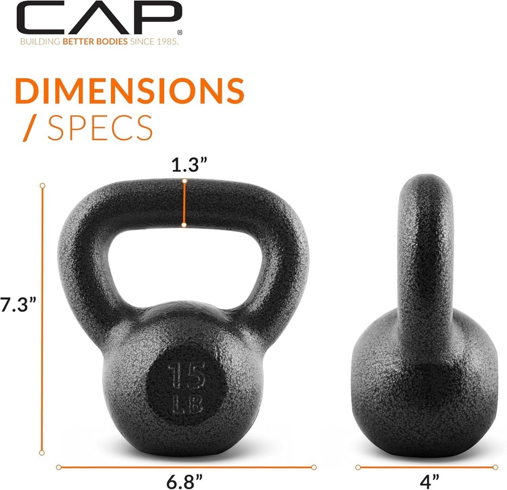 CAP Barbell Black Cast Iron Kettlebell Single Kettlebell, 15 LBS - Single , NEW