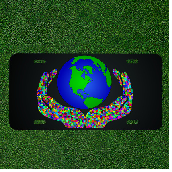Custom Personalized License Plate Tag With Colorful Hands Holding Planet Earth
