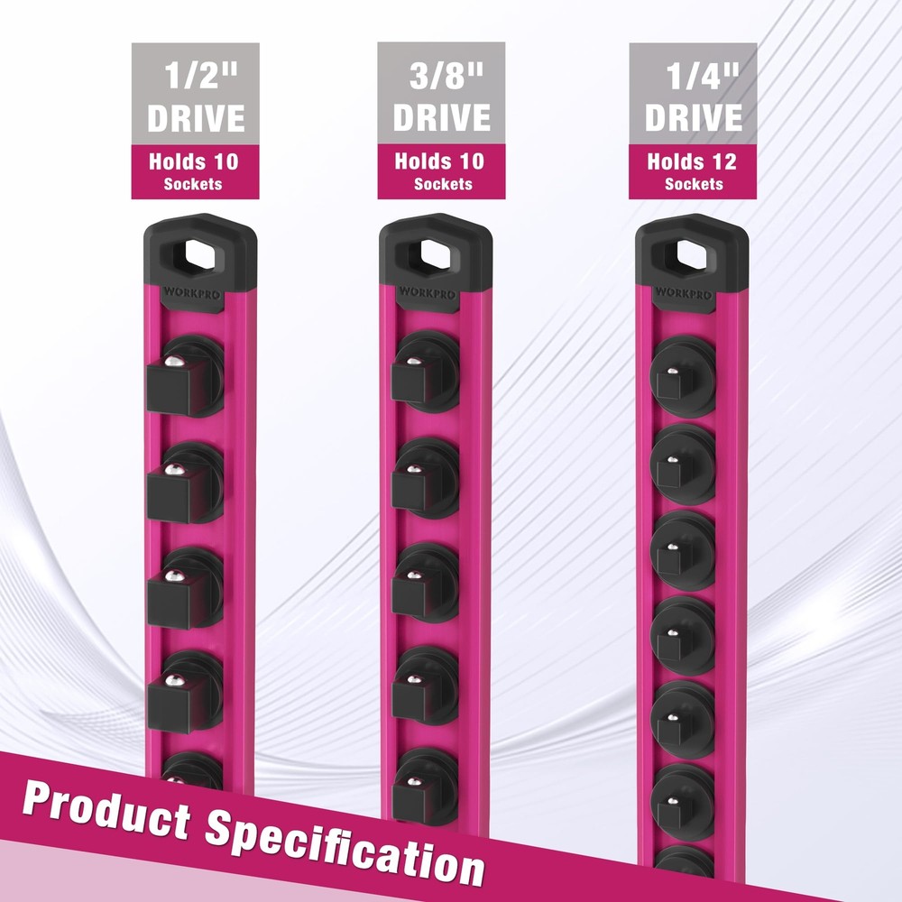WORKPRO 1/2" Dr Heavy Duty Magnetic Socket Organizer Socket Holder Rack 10 Clips
