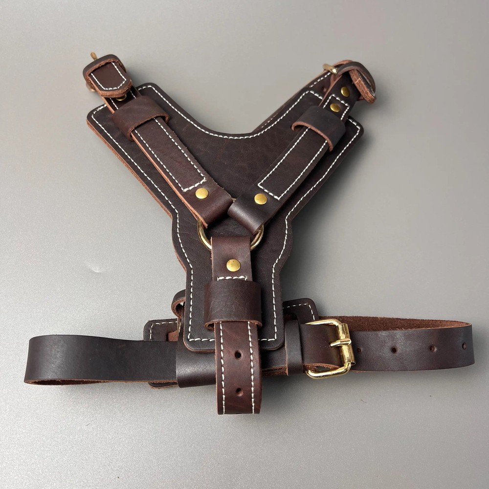 Genuine Leather Y-Shaped Dog Harness Adjustable Neck Chest Pull-Proof, Durable