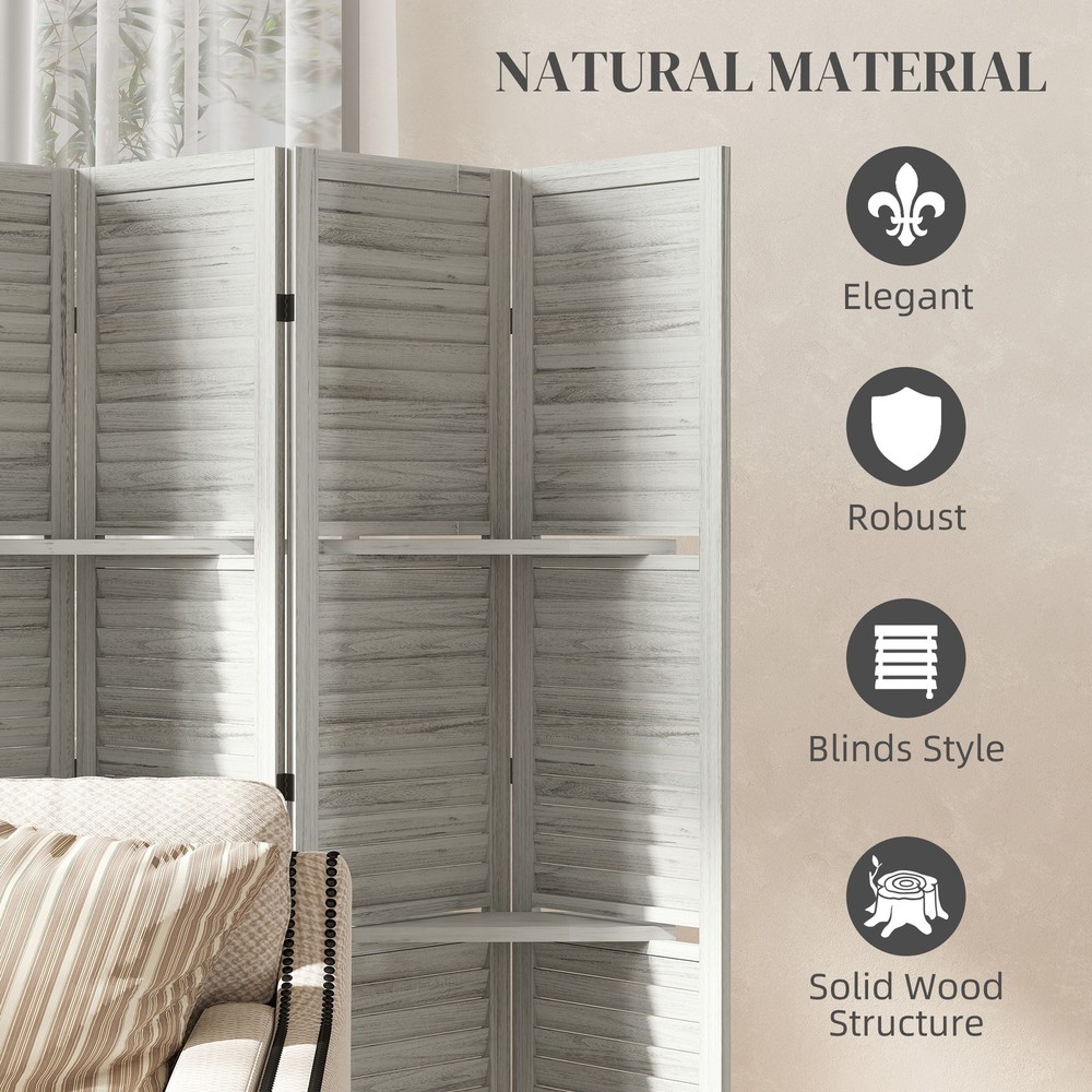 6 Panel Privacy Screen, Room Divider with 3 Shelves, White