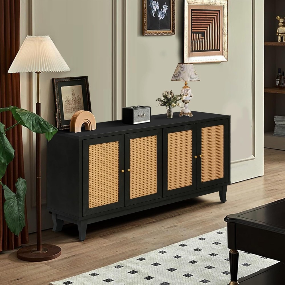 AMNOOL Rattan Accent Sideboard Storage Cabinet Console Table w/4 Doors Dark Gray