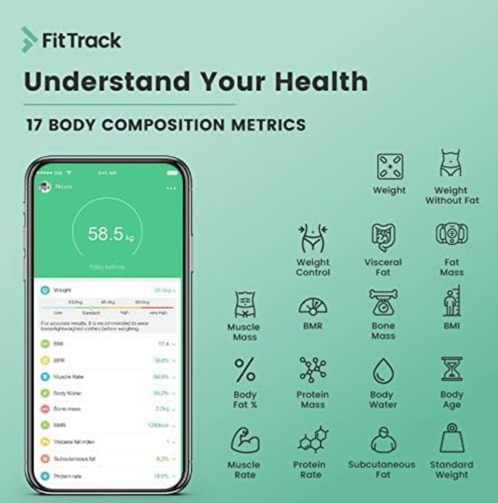 FitTrack Smart Full Body Composition SCALE The Dara BMI Digital Bluetooth White