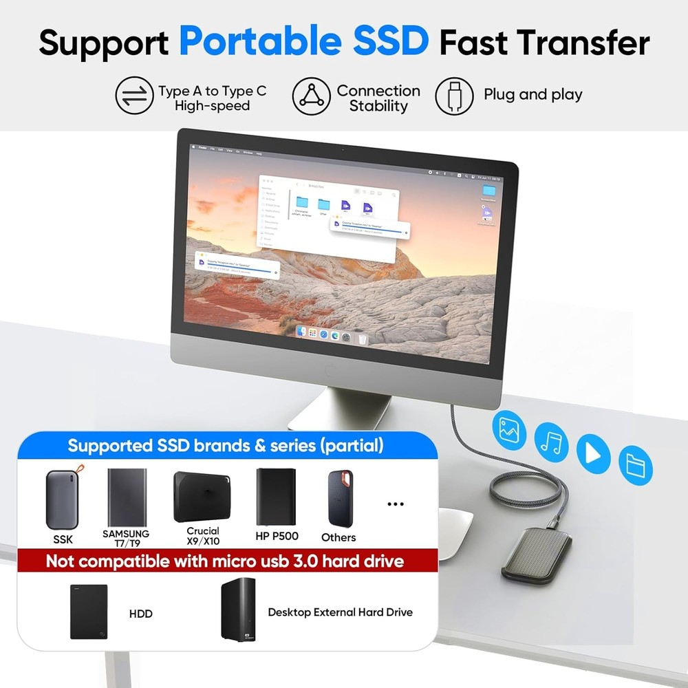 USB C Data Cable 3ft, 3.2 Gen 2 10Gbps High Speed Transfer, 3 Feet