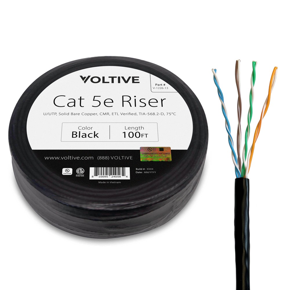 Voltive Cat5e Riser (CMR) Ethernet Cable - UTP, OFC, 100FT, Black