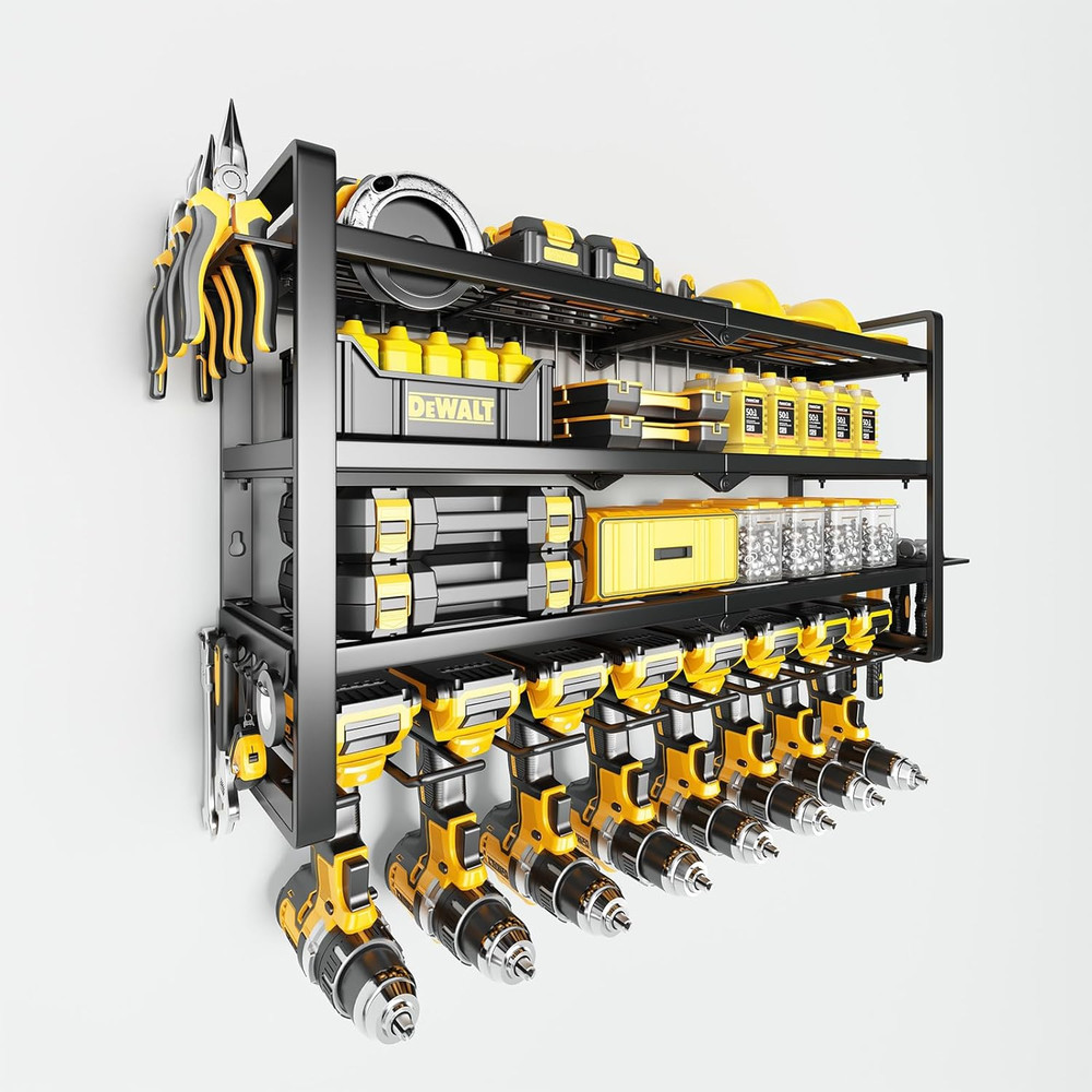 Heavy Duty 4-Layer Power Tool Organizer Wall Mount with 8 Drill Holders