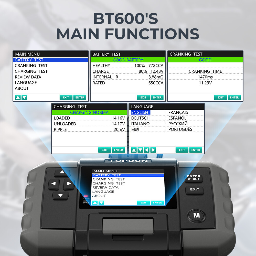 TOPDON BT600 Battery Tester Load Test Tool & Thermal Printer with Printer Paper
