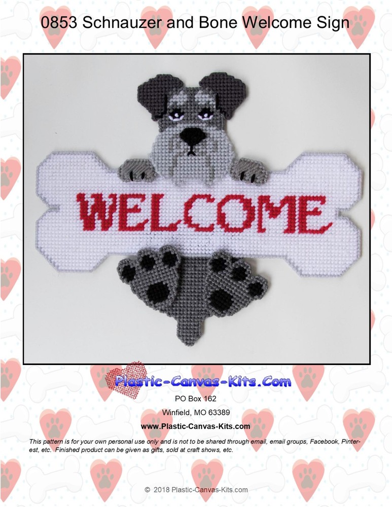 Schnauzer Dog and Bone Welcome Sign- Plastic Canvas Pattern or Kit