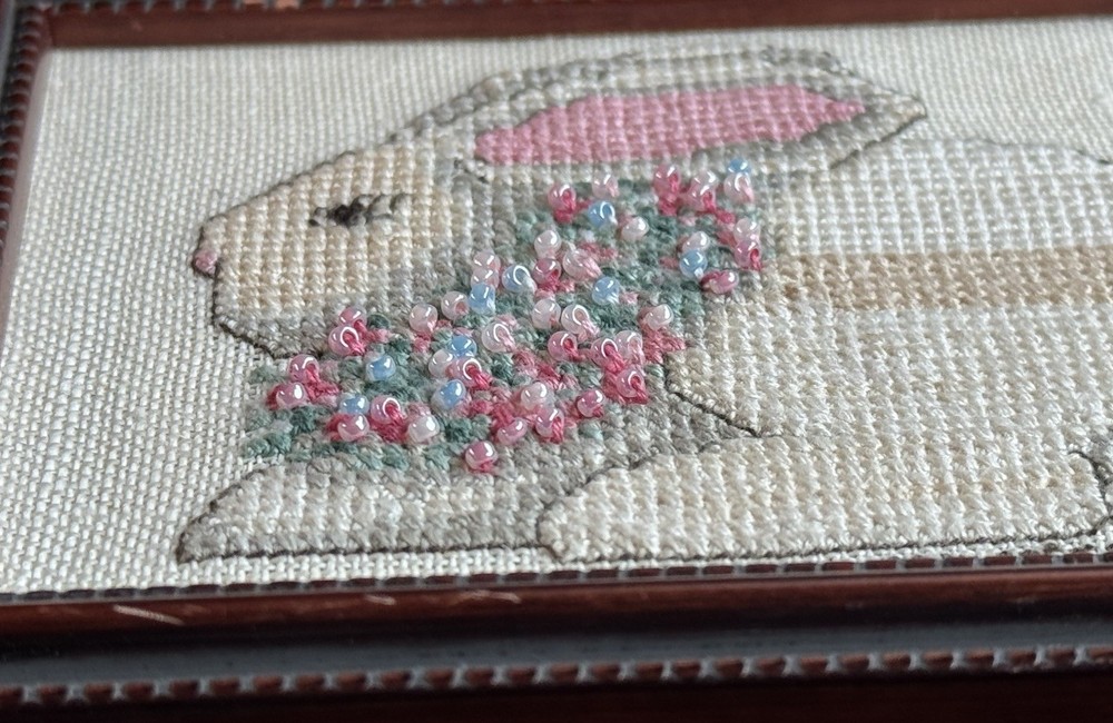Bunny Rabbit Completed Cross Stitch Framed Finished Beads Easter Small 5”x4”