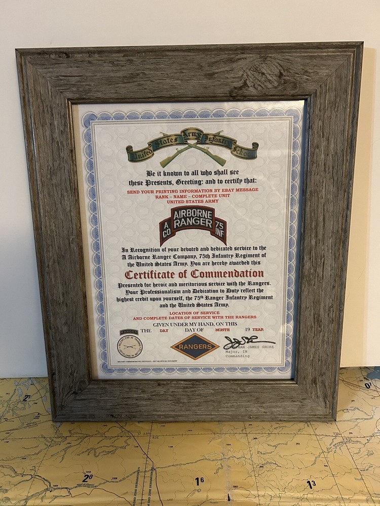 U.S. ARMY RANGER - A CO / 75 INFANTRY COMMENDATION CERTIFICATE (COMMEMORATIVE)