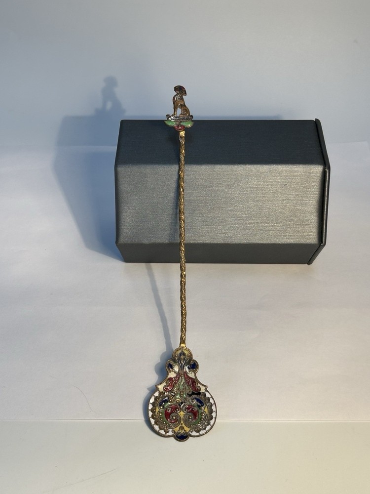 Antique Brass Champlevé Enamel Figural Sphinx Spoon Twisted Handle 19th