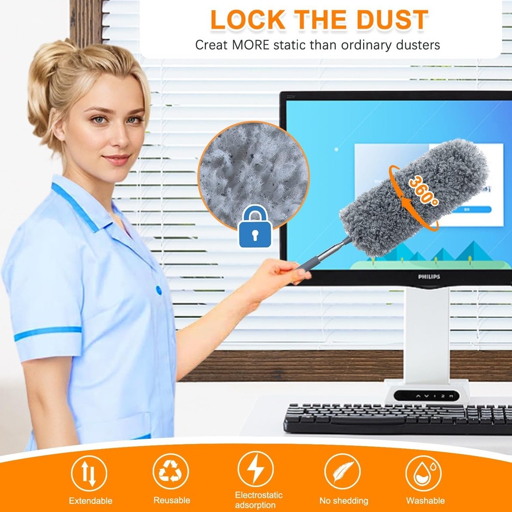 2 Pack Microfiber Feather Duster for Cleaning, with Extendable Pole, Hand Was...