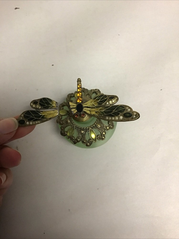Dragonfly Empty Refillable Glass Perfume Bottle Green Beautiful 3” *READ*