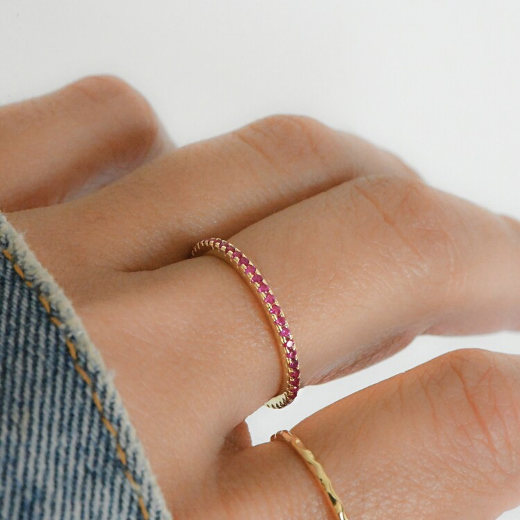 Ruby Band Stackable – Eternity Ruby Silver and Gold Minimalist Ring