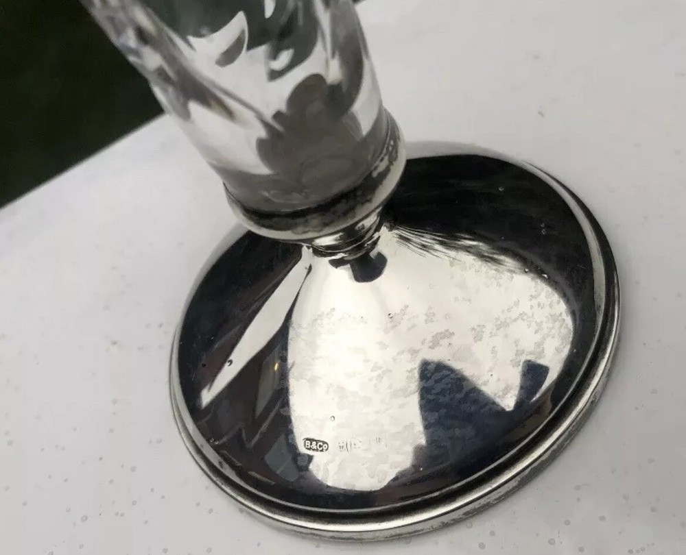Solid Sterling Silver Hallmarked Crystal Cut Glass Candle Holder Or Vase