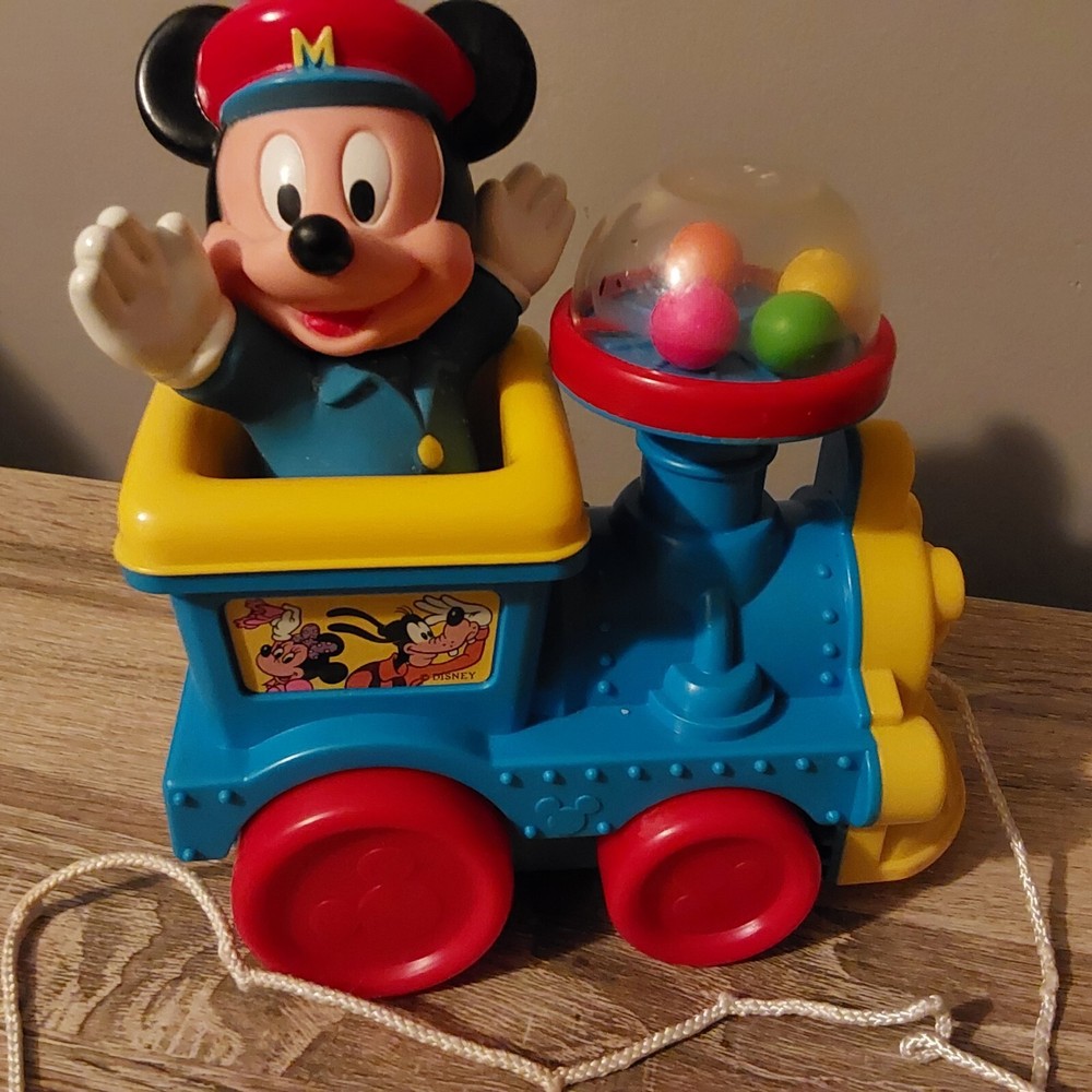 Vintage Plastic Disney Mickey Mouse on Train Pull Toy Balls Pop Up when pulled