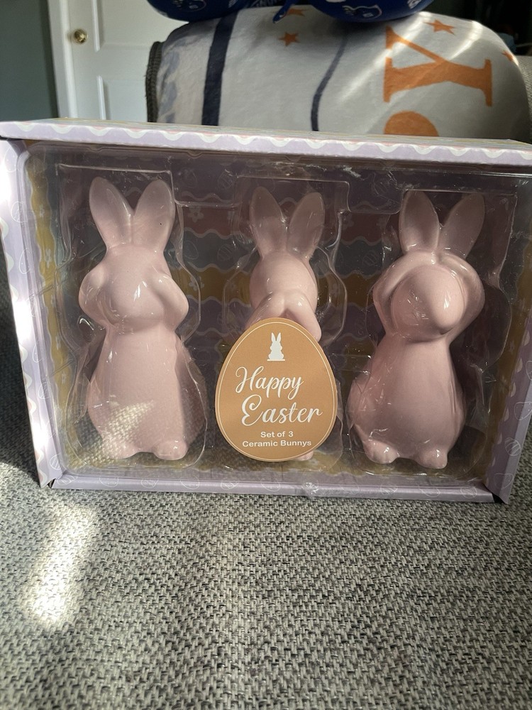 Pink Ceramic Easter Hear Speak See No Evil Trio Bunnies