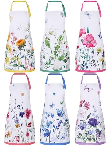 6 Pcs Spring Kitchen Aprons with Pockets Flower Multicolored Spring Floral