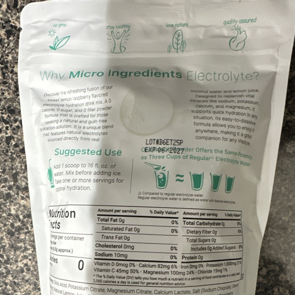 Micro Ingredients Electrolyte Powder Lemon & Raspberry Hydration Sugar-Free 1lb