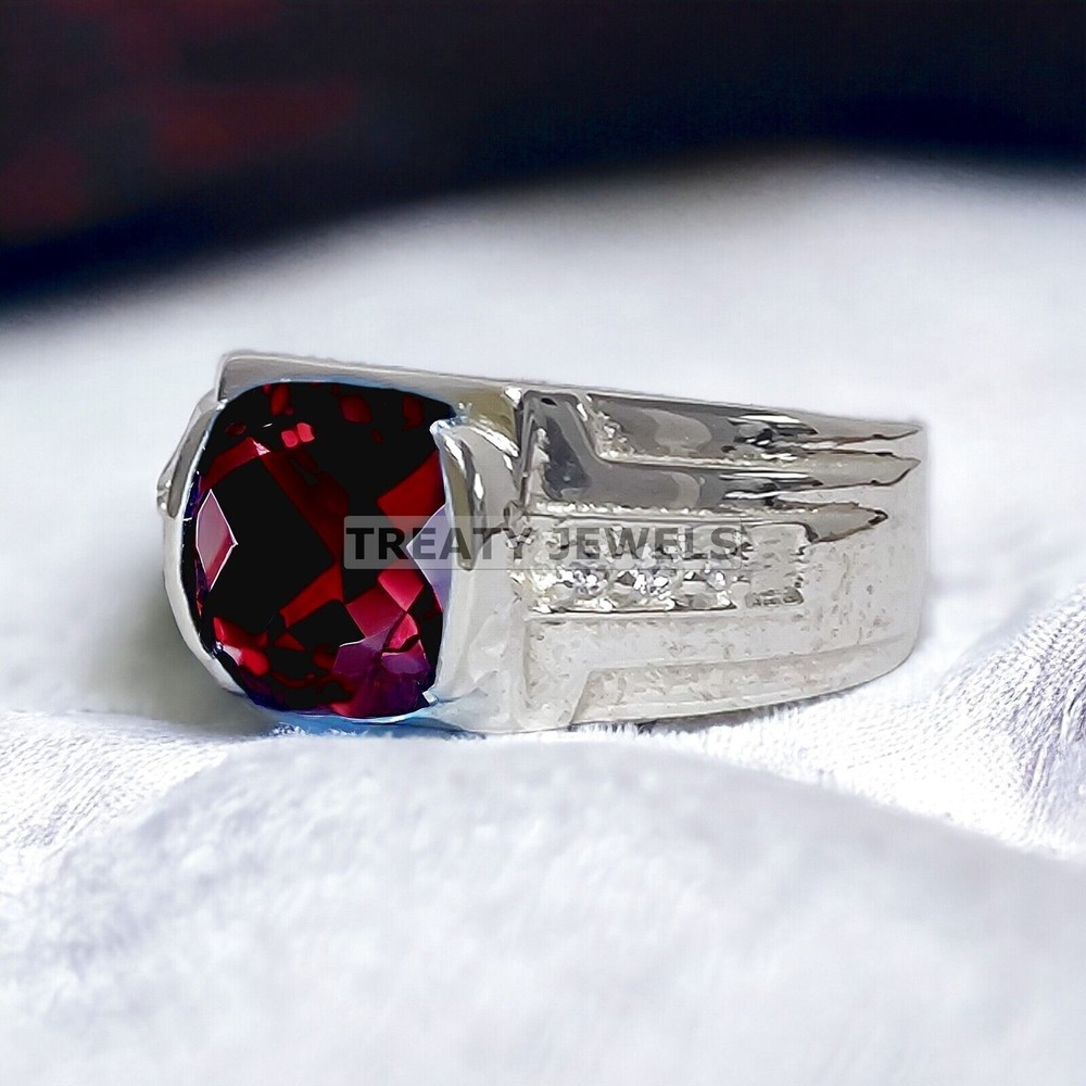 Ruby Cushion Cut Gemstone With 14K Solid White Gold Ring For Men's #974