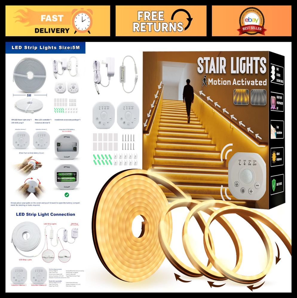 Motion Sensor LED Strip Lights 16.4ft - Chasing Effect, Auto ON/OFF, Warm White,