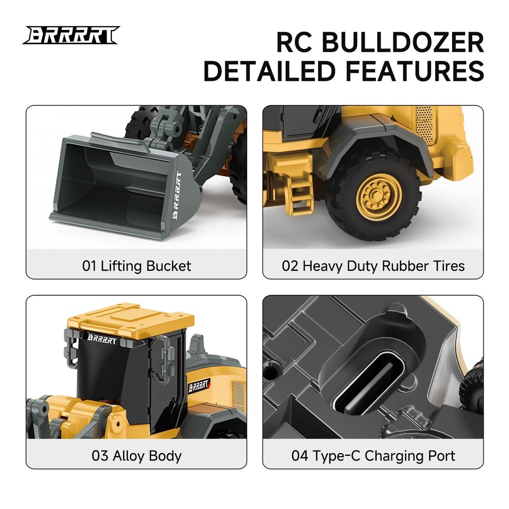 1/64 RC Bulldozer Toy,Full Functional RC Construction Vehicles,Type-C Direct ...