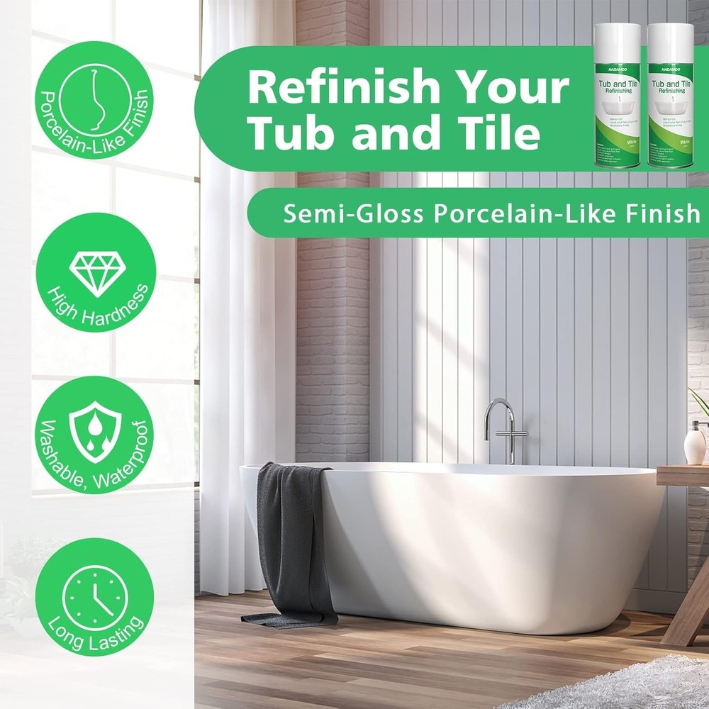 Easy Semi-Gloss Bathtub & Tile Spray Paint Kit - 2 Pack 450ml, Scratch Resistant