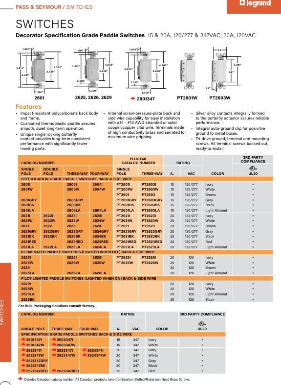 P&S 2604-I 4-WAY DECOR SWITCH 15AMP IVORY