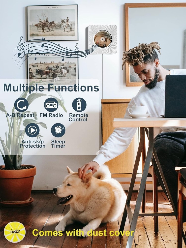 Portable Wall-Mounted Bluetooth CD Player with HiFi Speakers & Remote Control