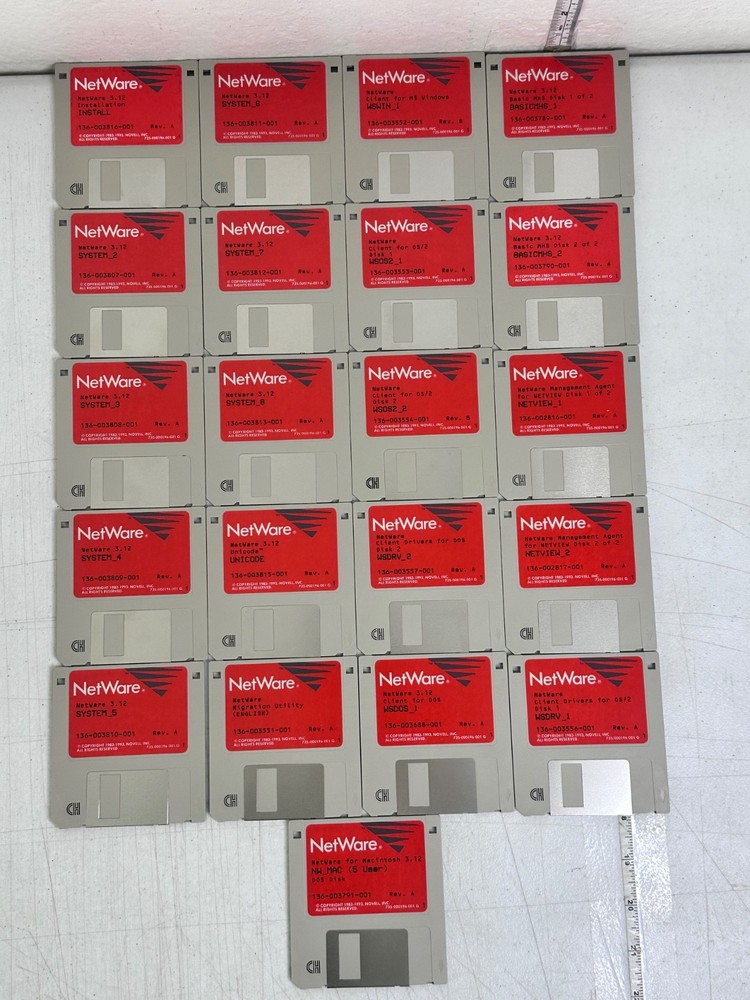 Novell NetWare 3.12 Complete 21 Floppy Disk Set System Client DOS Windows OS2 Ne