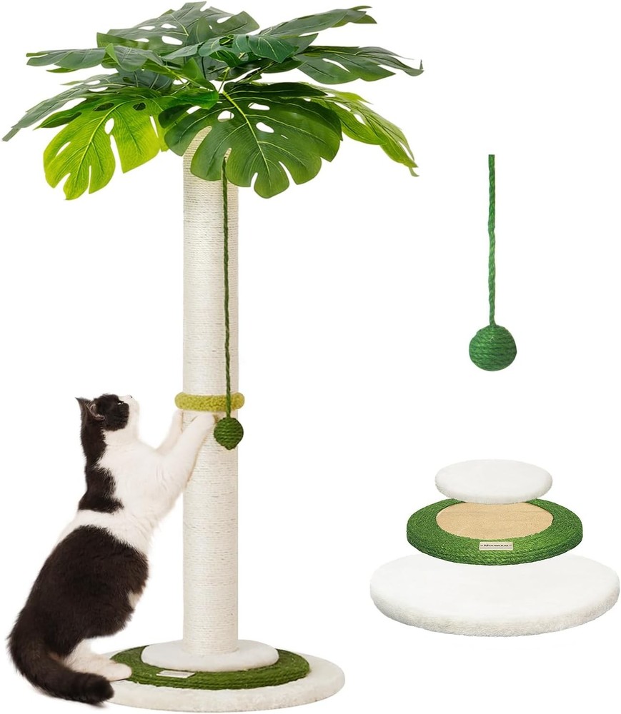 Three-tiered cat tree tower. 35-inch tall modern monstera leaf design.