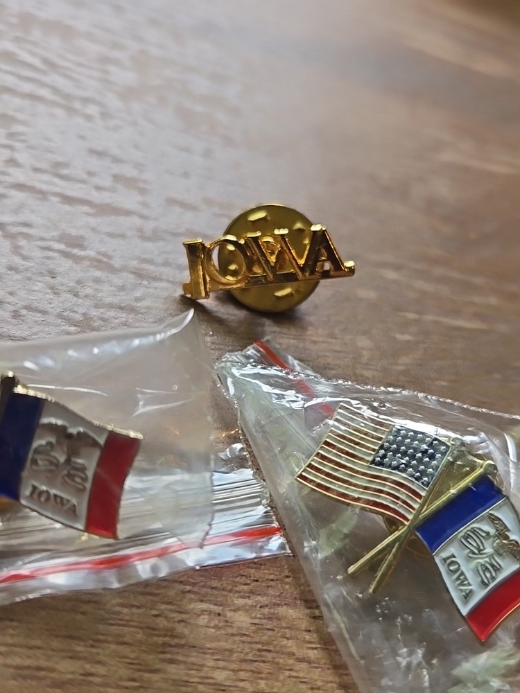 3 Iowa Pins USA & State Flags & Script