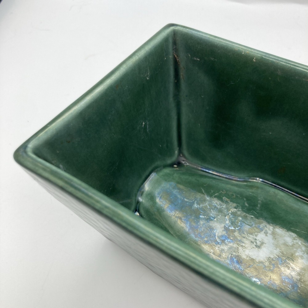 Vintage USA Pottery #75 Rectangular Iridescent Green Planter Footed Embossed