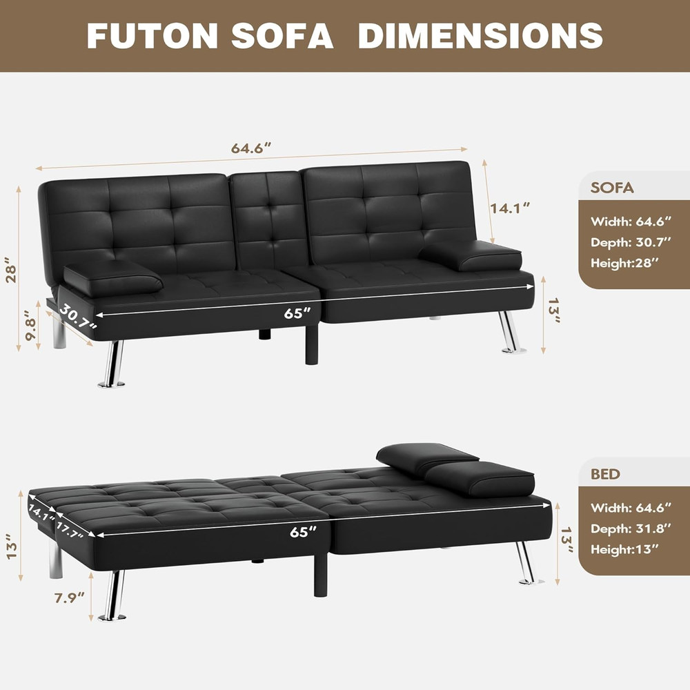 Black Leather Futon Sofa Bed with Removable Armrests & Cup Holders