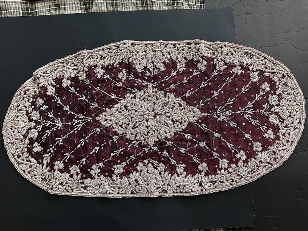 Luxury coffee table runner with two end table covers, burgundy & silver, new!