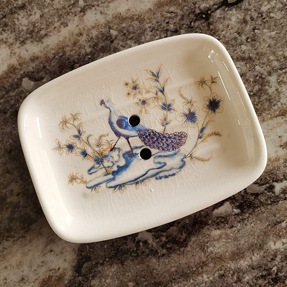 Ceramic Soap Dish Creative Ice Crack Ceramic Peacock and Flower Pattern Soap Dis
