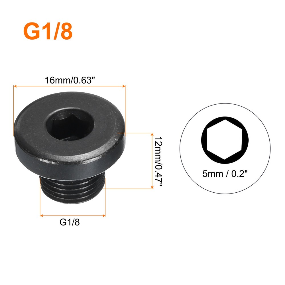 G1/8 Male Outer Head Hex Thread Socket Pipe Plug Fitting, 5Pcs, Black