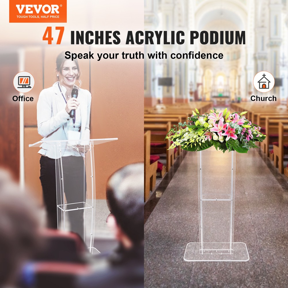 VEVOR Acrylic Podium 47" Acrylic Podium Stand Reading Surface Storage Shelf