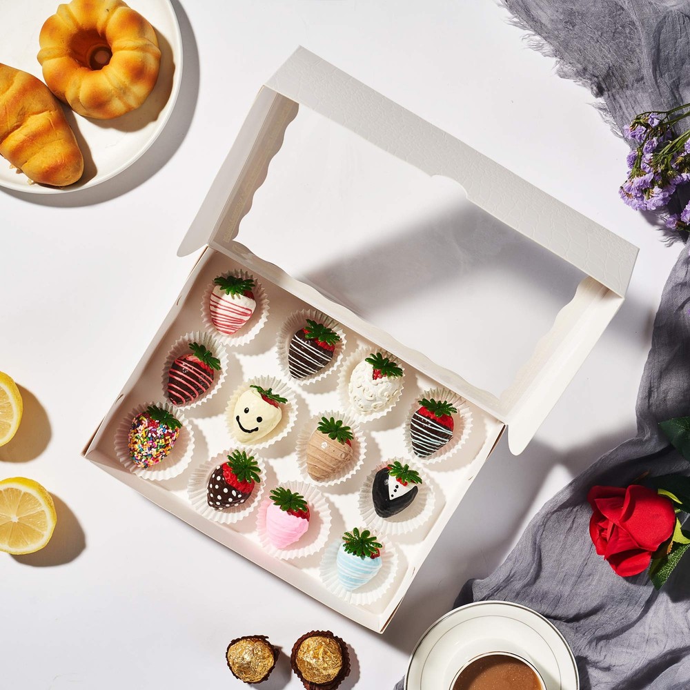 4pcs 10x7x2.5" White Cookie Boxes Display Window Strawberries Gift Box