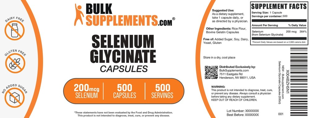 BulkSupplements Selenium Glycinate 500 Capsules - 200mcg Per Serving