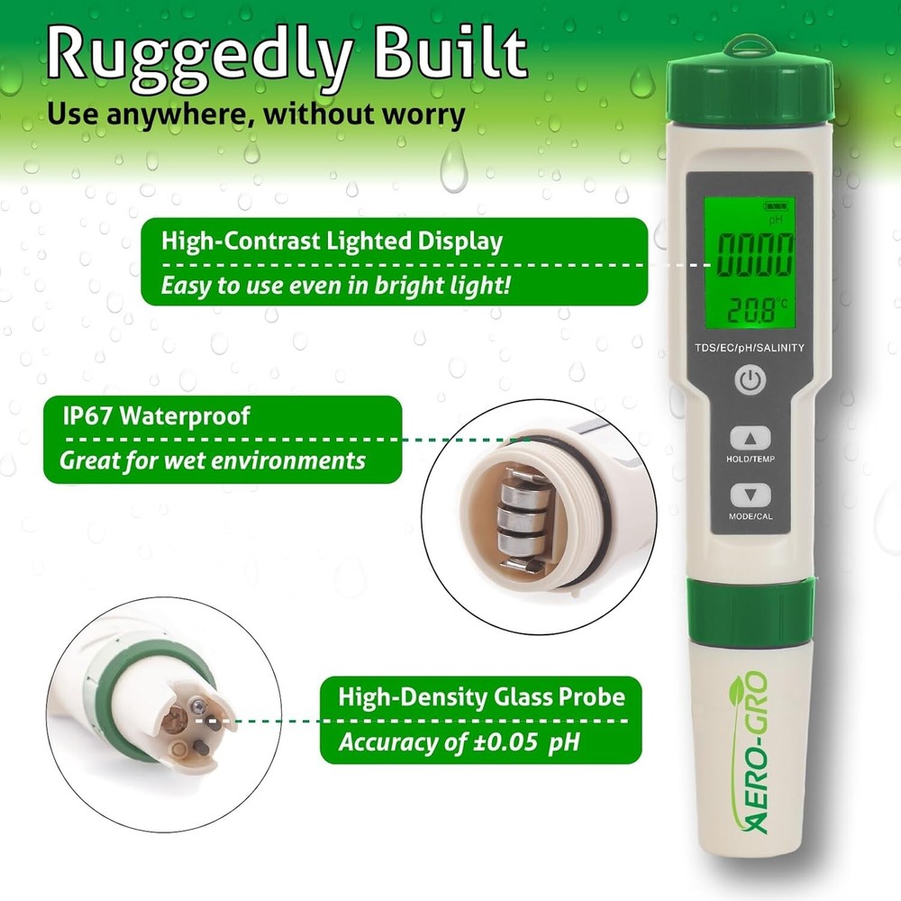 Versatile 5-in-1 Hydroponics & Aquarium Water Meter with Auto Temp Comp.