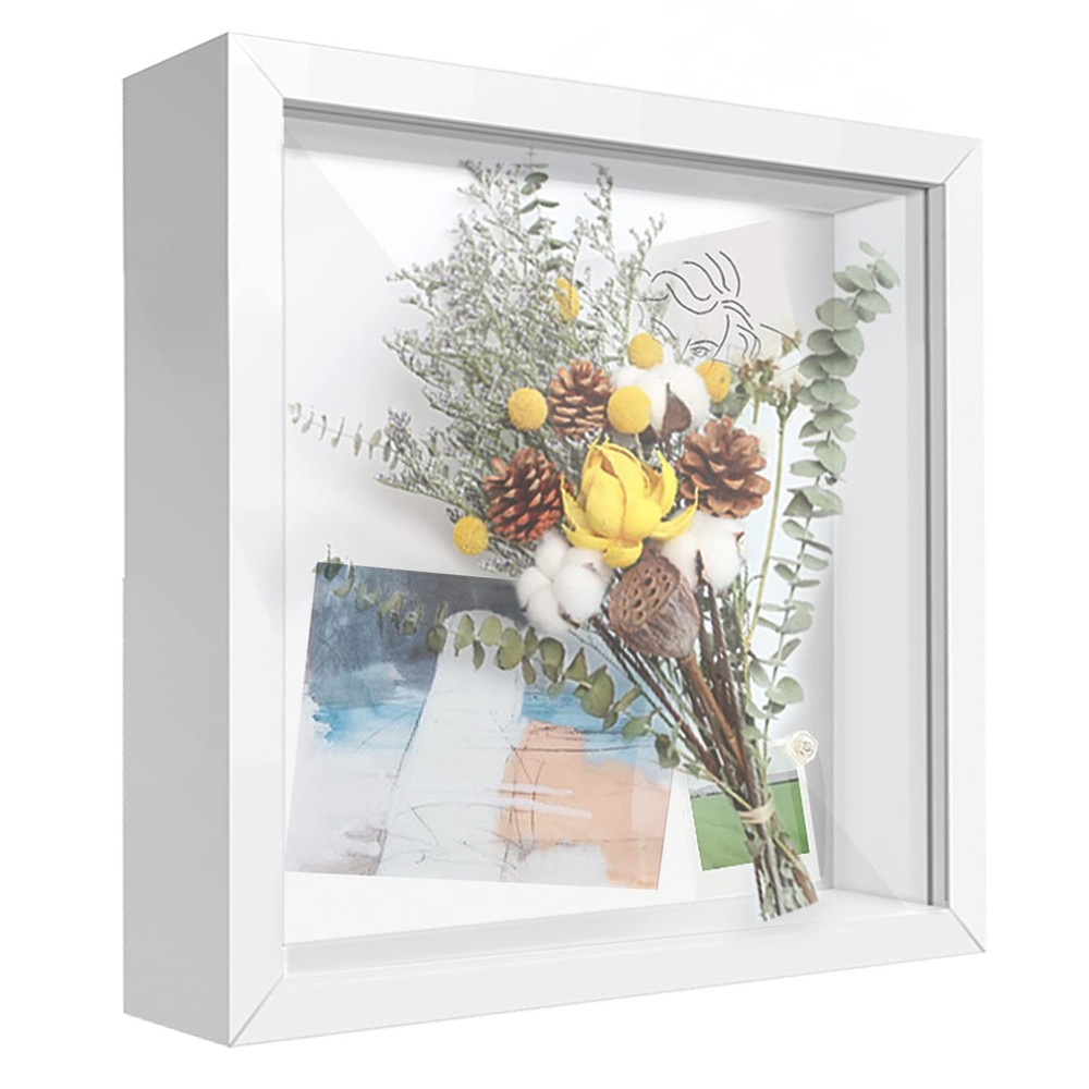8X8 White Shadow Box Frame Display Case With Acrylic Front And Gift Stickers