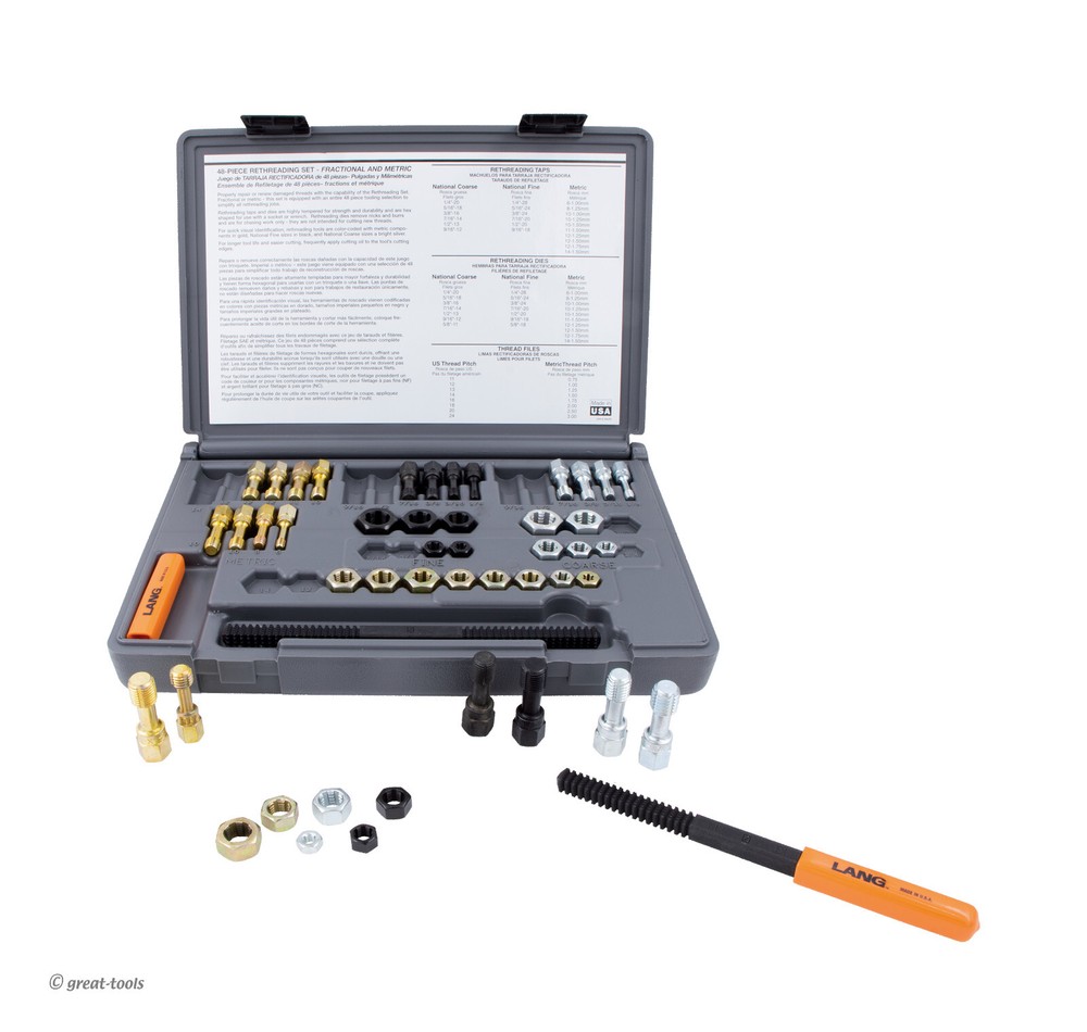 48-PC RETHREADING SET – USA made Lang Tools thread restorer tap & dies