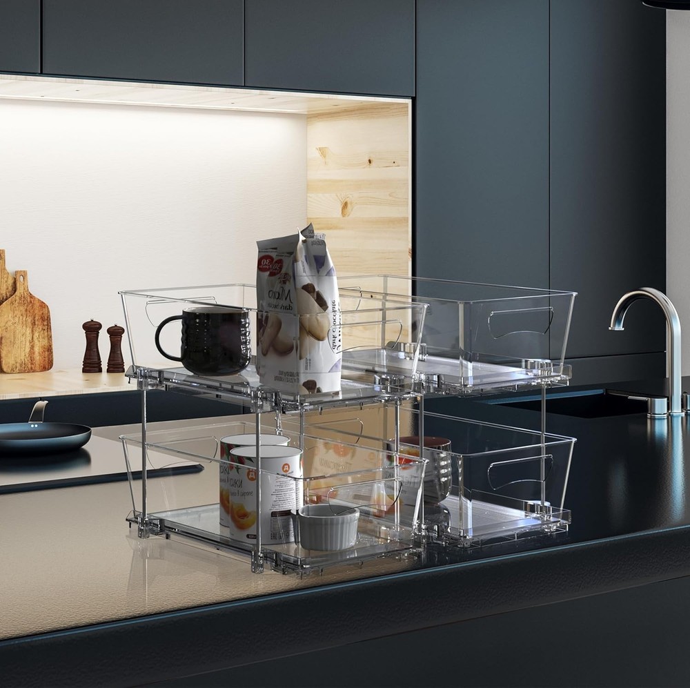 2 Tier Basket Drawer Cabinet Pull-Out Organizer 2 Pack Clear