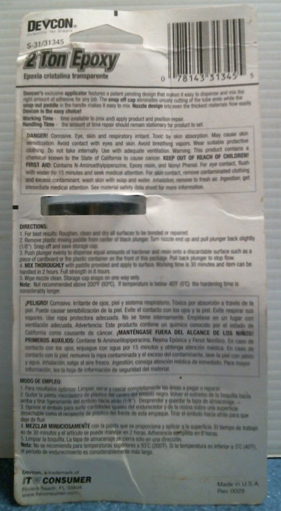 Devcon High Strength 2 Ton Epoxy, All Purpose .25 ml (31345) FS