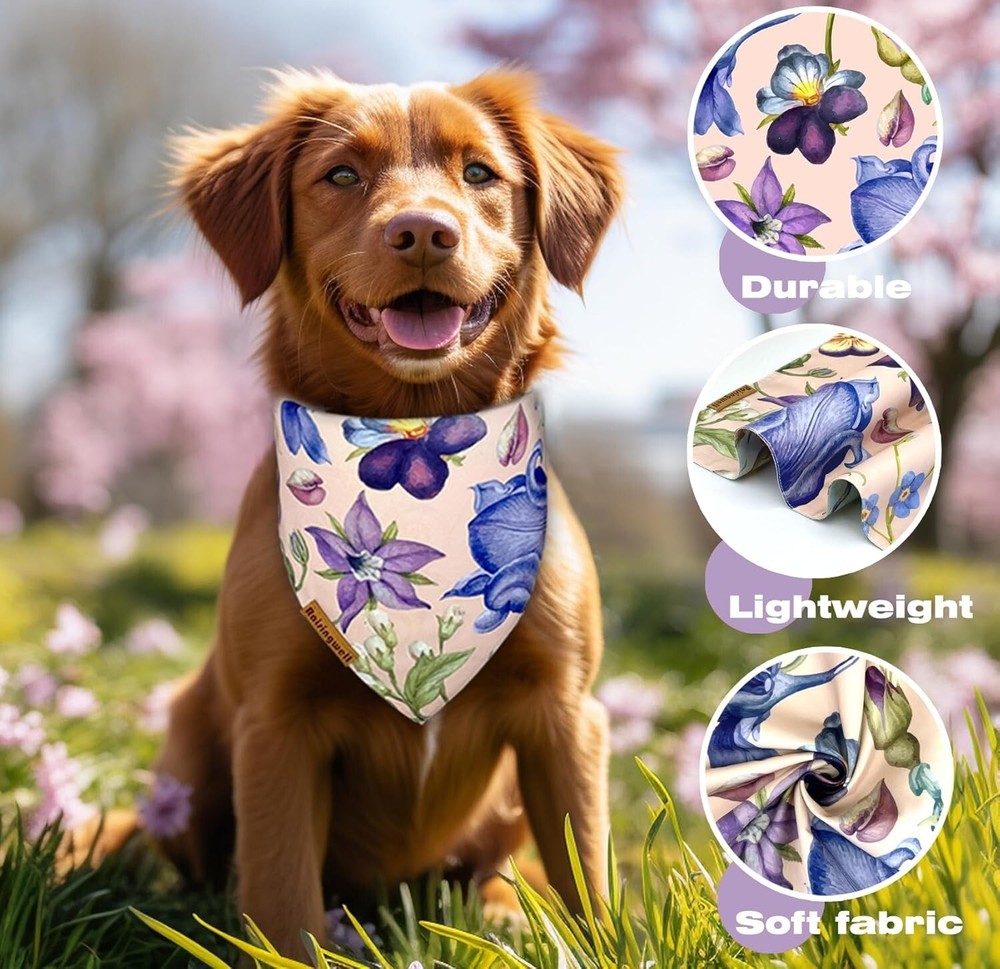 Summer Dog Bandanas 2 Pack 4 Pattern Reversible Spring Flower Triangle Scarf